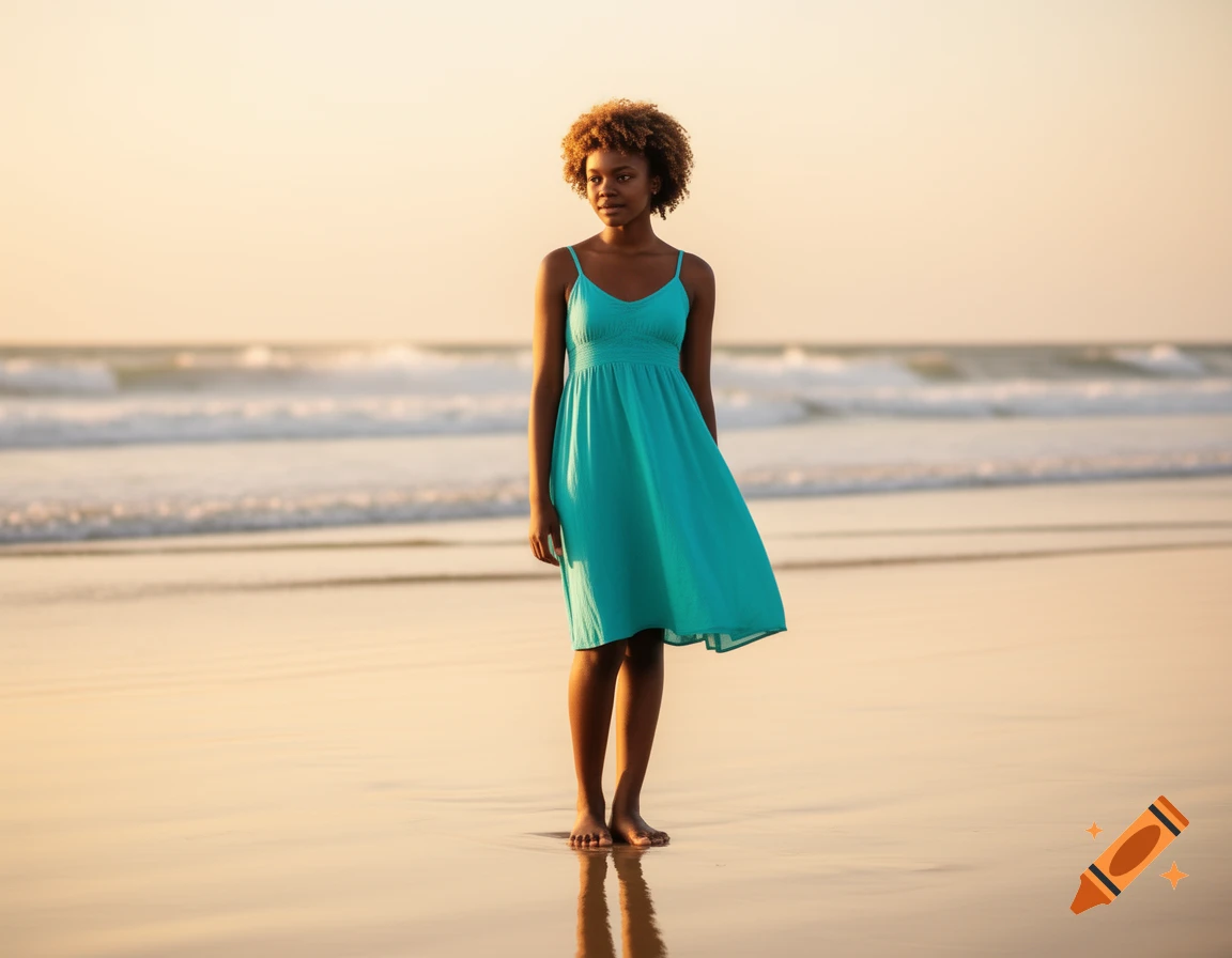 A young African woman with curly hair stands barefoot in a teal dress on a sandy beach at sunset, with waves in the background.