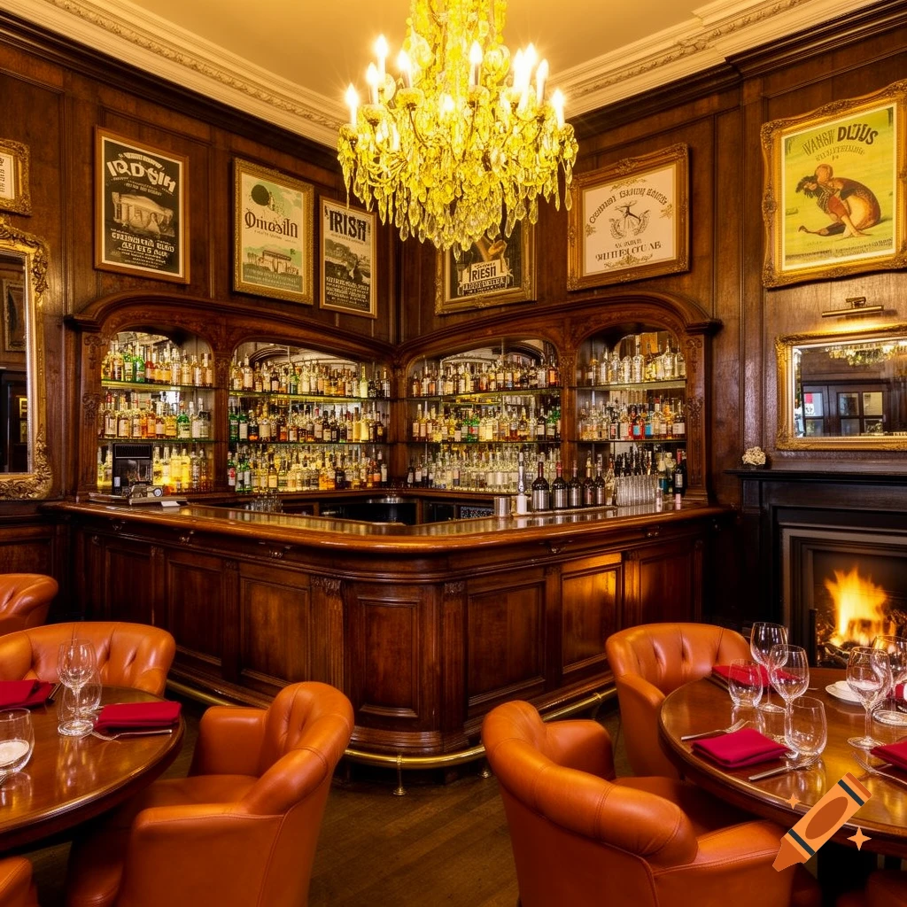 A lavish, wood-paneled bar with a U-shaped counter, many bottles on shelves, leather chairs, and a grand chandelier.