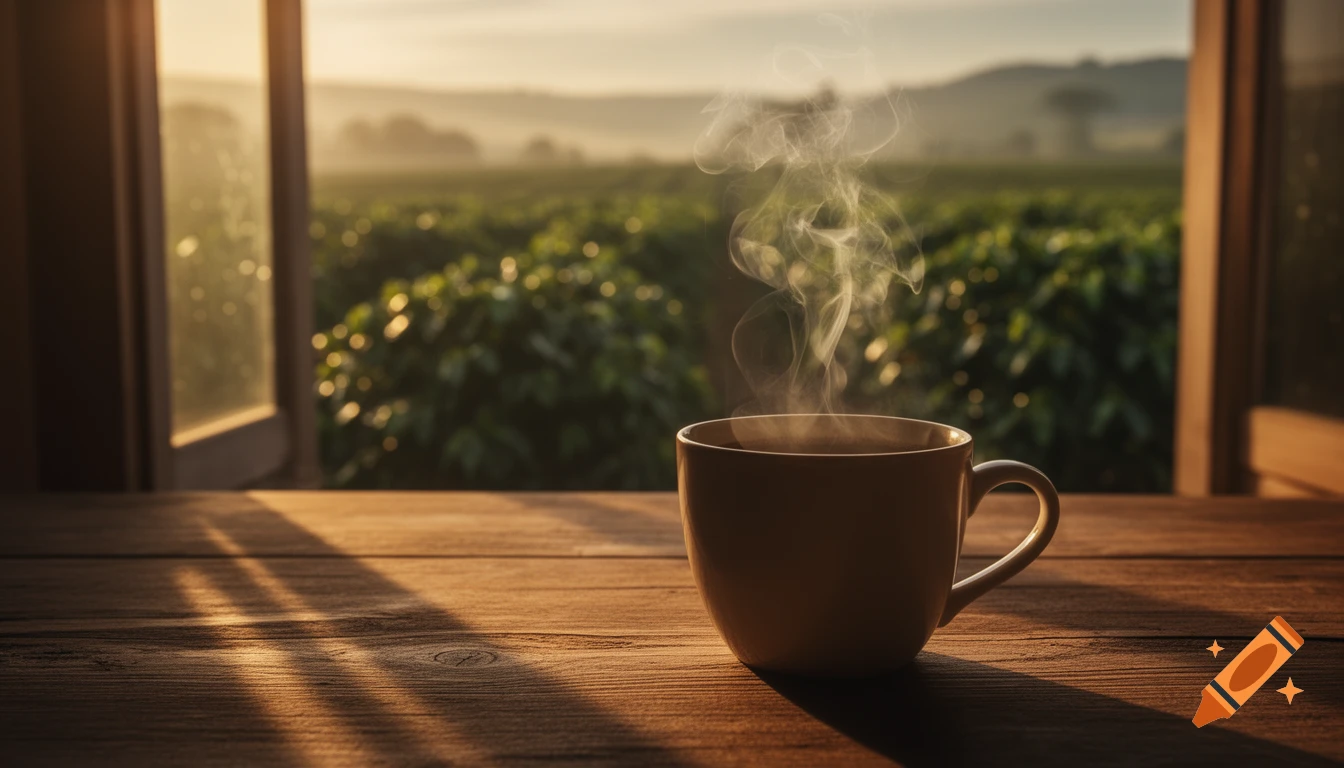A steaming coffee cup sits on a sunlit wooden table, overlooking a blurred coffee plantation at sunrise in a photorealistic style.