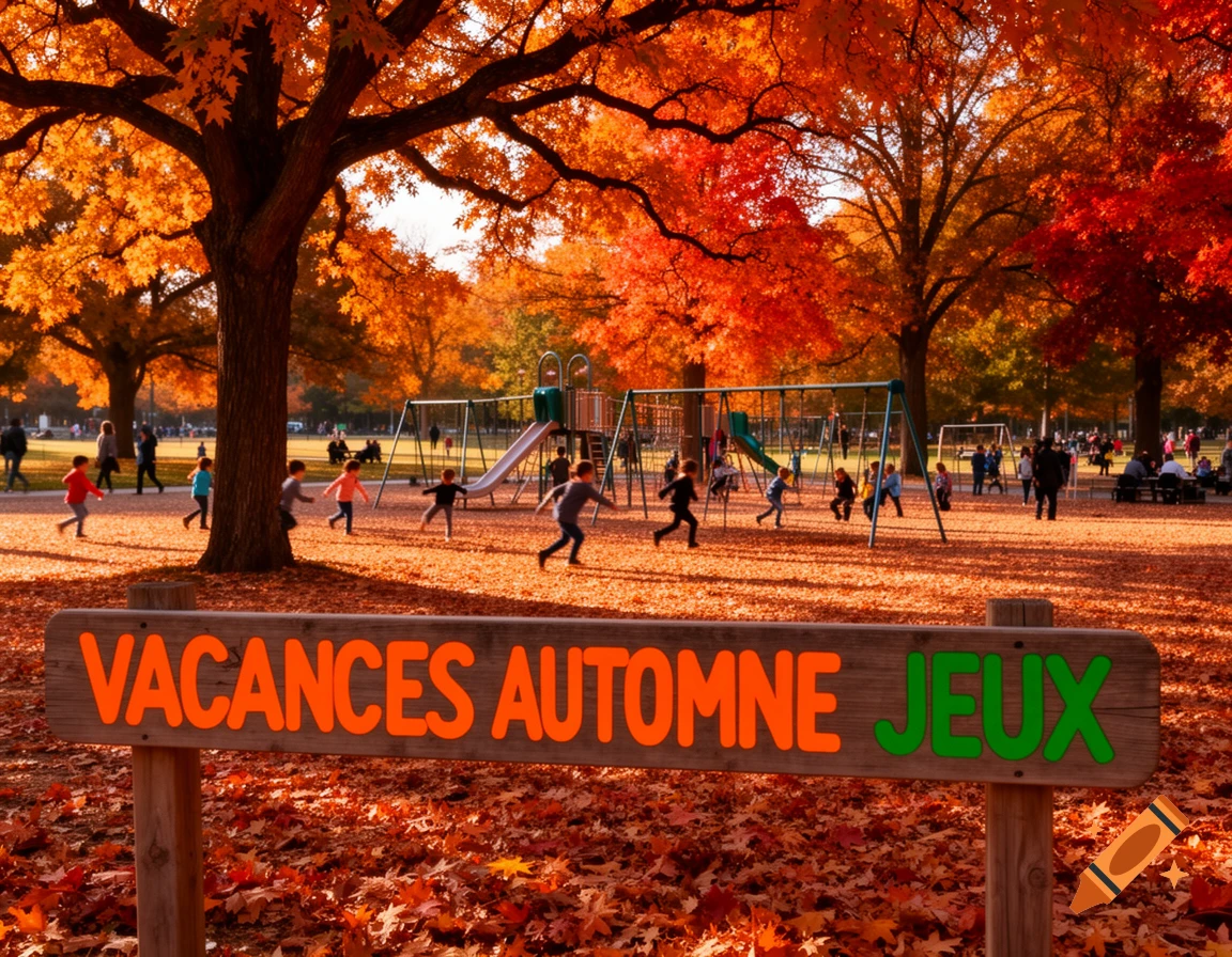 Children playing in a vibrant autumn park with colorful trees and a sign saying 'VACANCES AUTOMNE JEUX'.