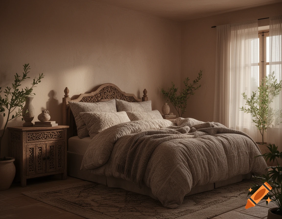 Photorealistic image of a cozy, rustic Mediterranean-style bedroom with a carved wooden bed, soft neutral bedding, plants, and warm light.