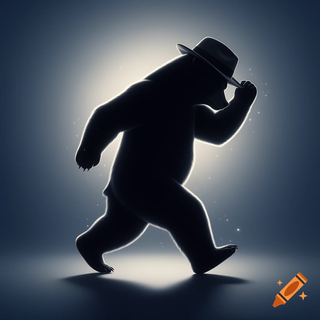 Dark silhouette of an anthropomorphic bear in a fedora, tipping its hat while doing a moonwalk pose against a glowing background.
