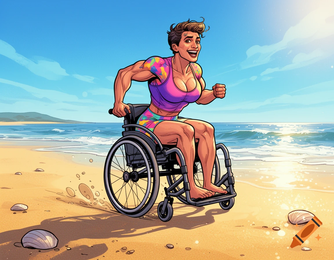 A muscular comic character in a wheelchair on a sunny sandy beach by the ocean.