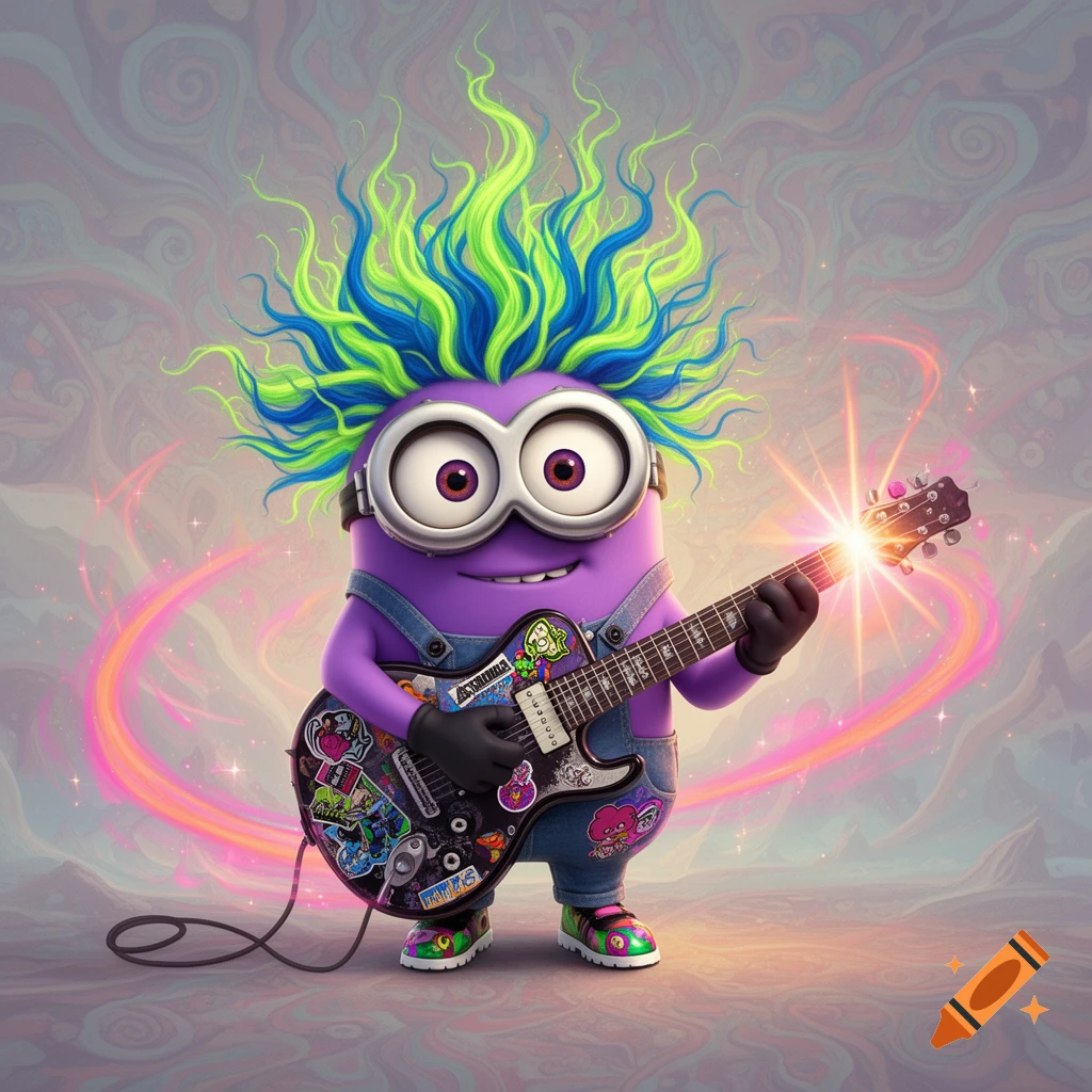 A vibrant purple Minion with spiky green and blue hair plays an electric guitar adorned with colorful stickers, against a psychedelic swirling background.