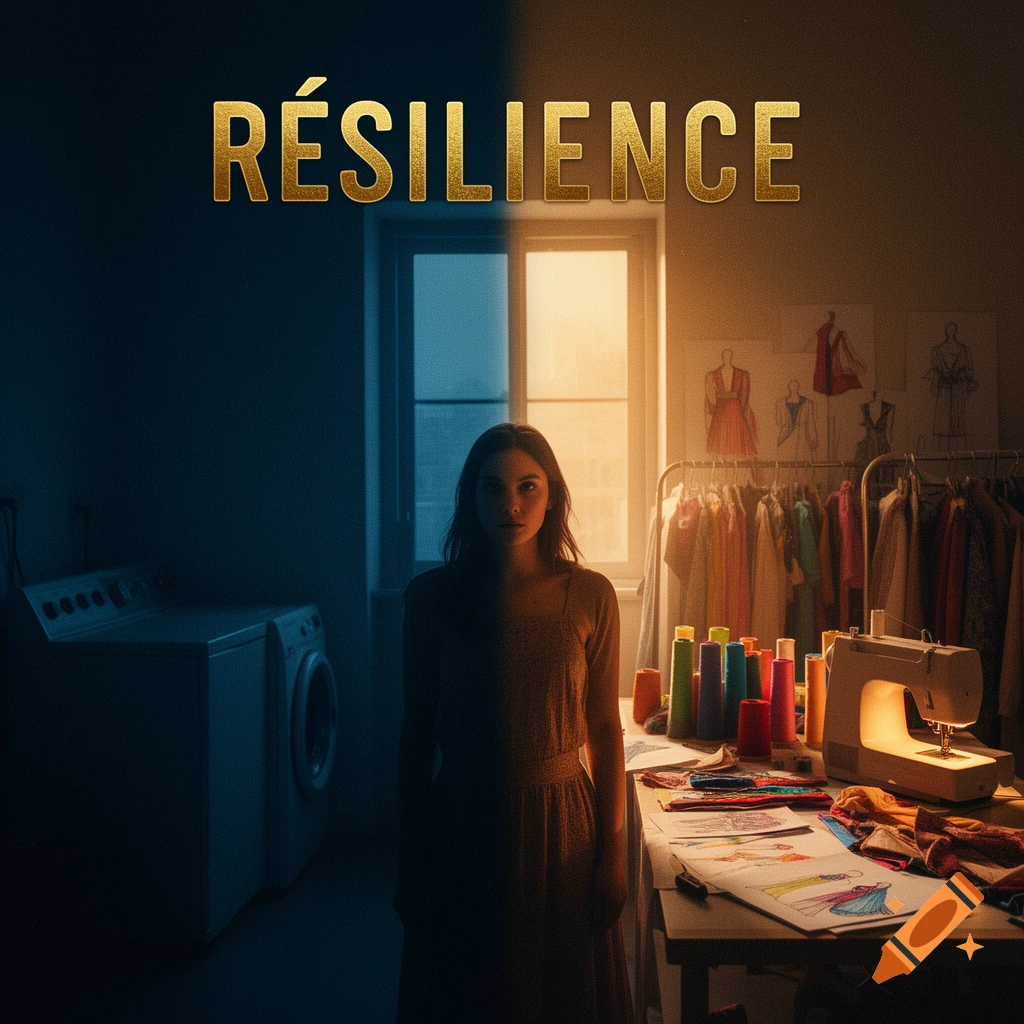 Photorealistic young woman in a split-lit fashion atelier with a washing machine on the left and a sewing machine on the right, 'RÉSILIENCE' text above.