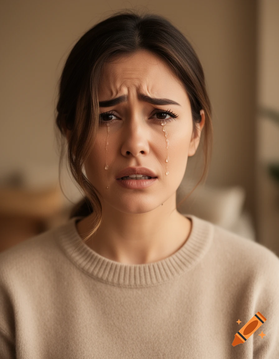 Photorealistic close-up of a young woman with dark hair crying, tears streaming down her face, wearing a beige sweater.