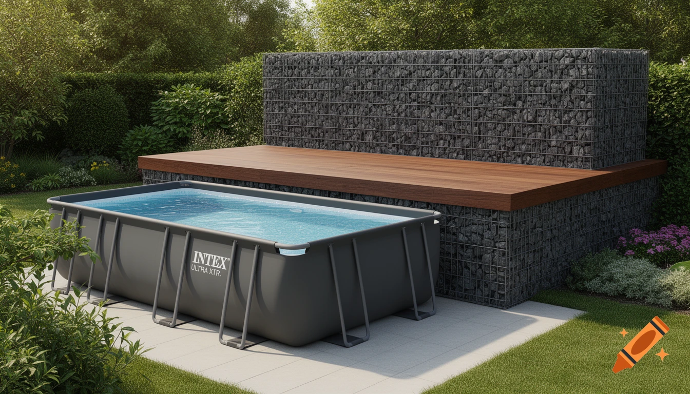 Photorealistic image of a modern garden with a dark grey Intex Ultra XTR pool and a gabion wall with a wooden deck.