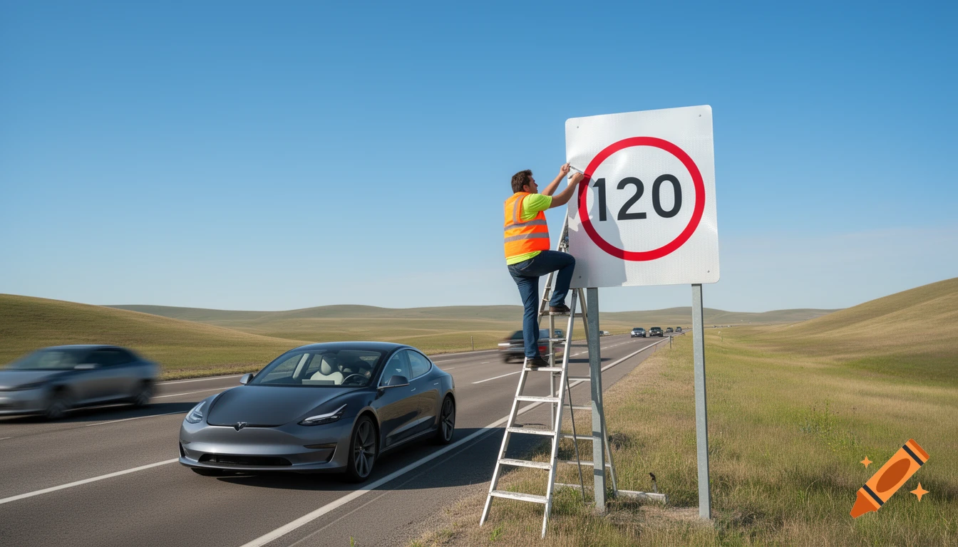 A worker in a high-visibility vest on a ladder next to a highway sign with '120' on it, as a gray Tesla drives by.
