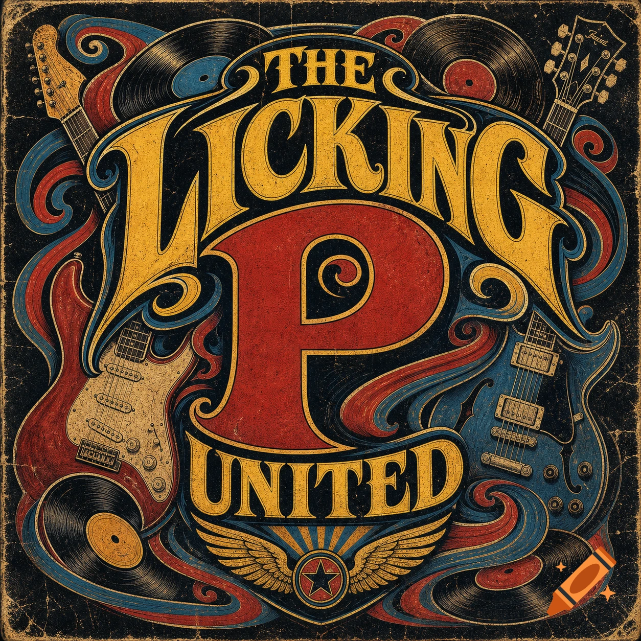 Vintage 70s rock band logo in yellow and red, with stylized text 'THE LICKING P UNITED', flanked by guitars and vinyl records.