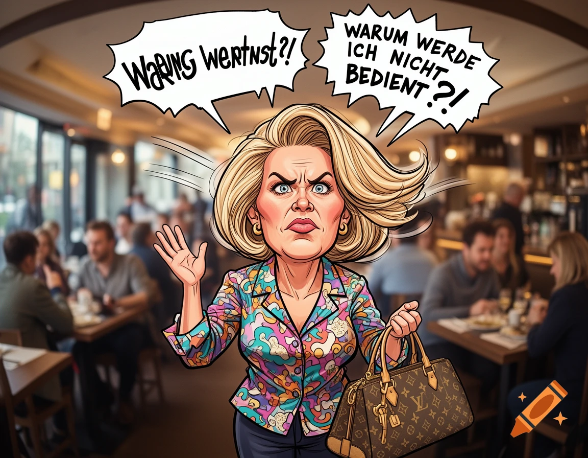 A cartoon caricature of an angry blonde woman in a colorful shirt, holding a designer bag, complaining loudly in a restaurant.