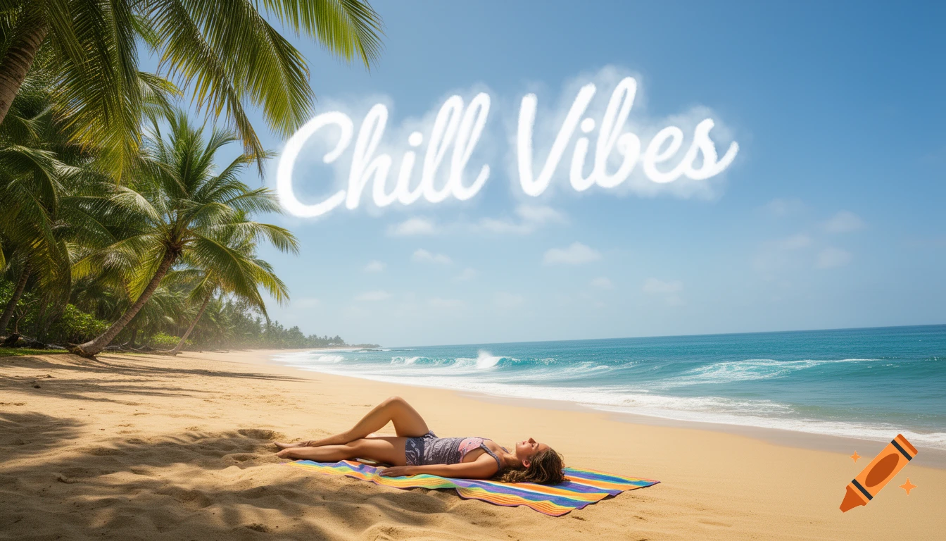 Photorealistic image of a person relaxing on a colorful towel on a sunny tropical beach with palm trees and "Chill Vibes" text in the sky.