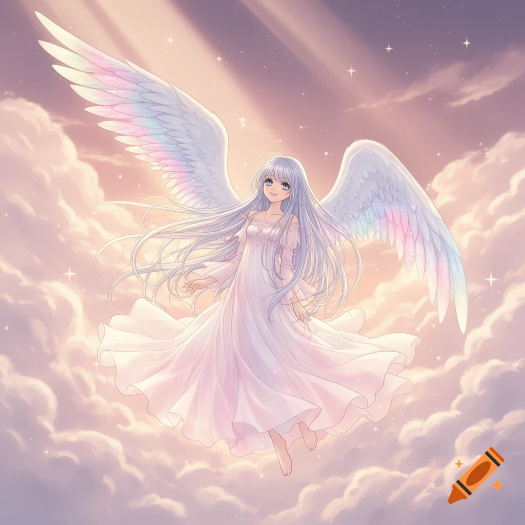 Smiling anime angel girl with long white hair and colorful wings floats among pink and purple clouds with light rays.