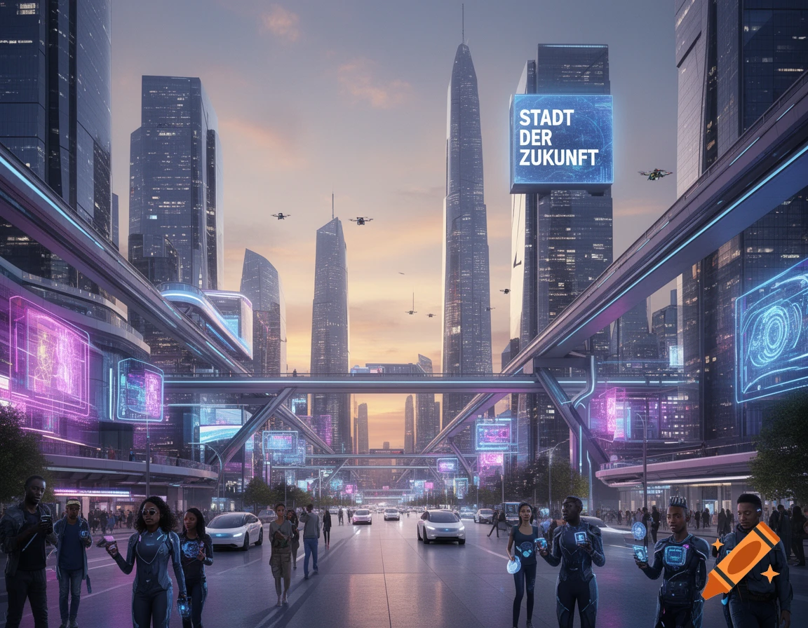 A futuristic city with towering skyscrapers, glowing infrastructure, flying drones, and pedestrians on a wide street.