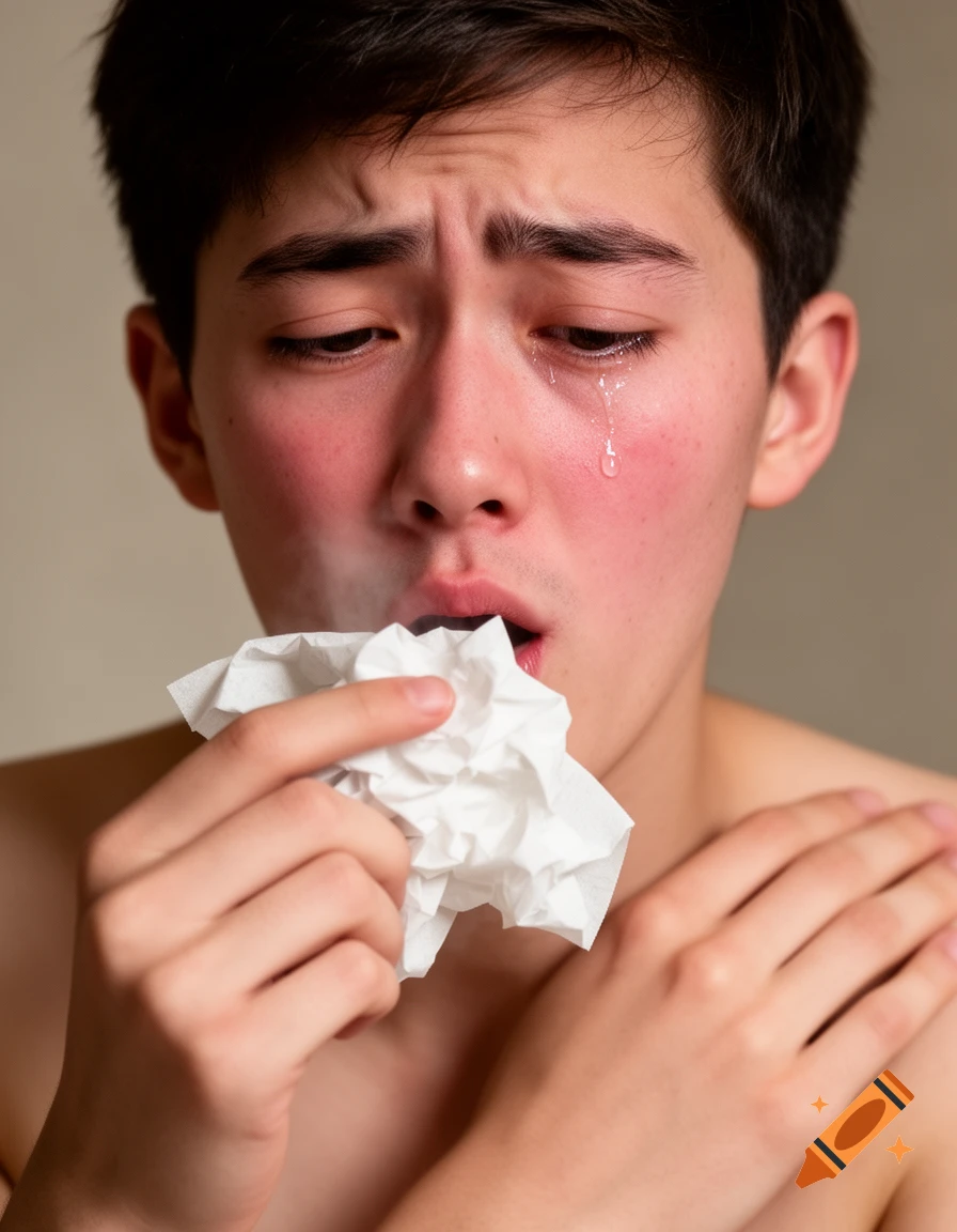Close-up of a young adult with red cheeks and tears, sneezing into a crumpled tissue, in a photorealistic style.