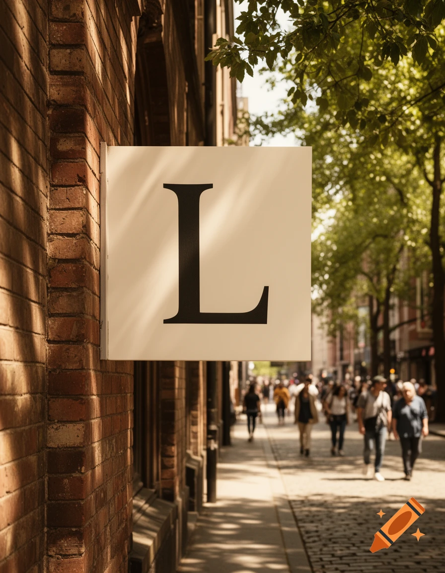 A white sign with a large black 'L' on a brick building next to a sunlit cobblestone street with blurred pedestrians, photorealistic.