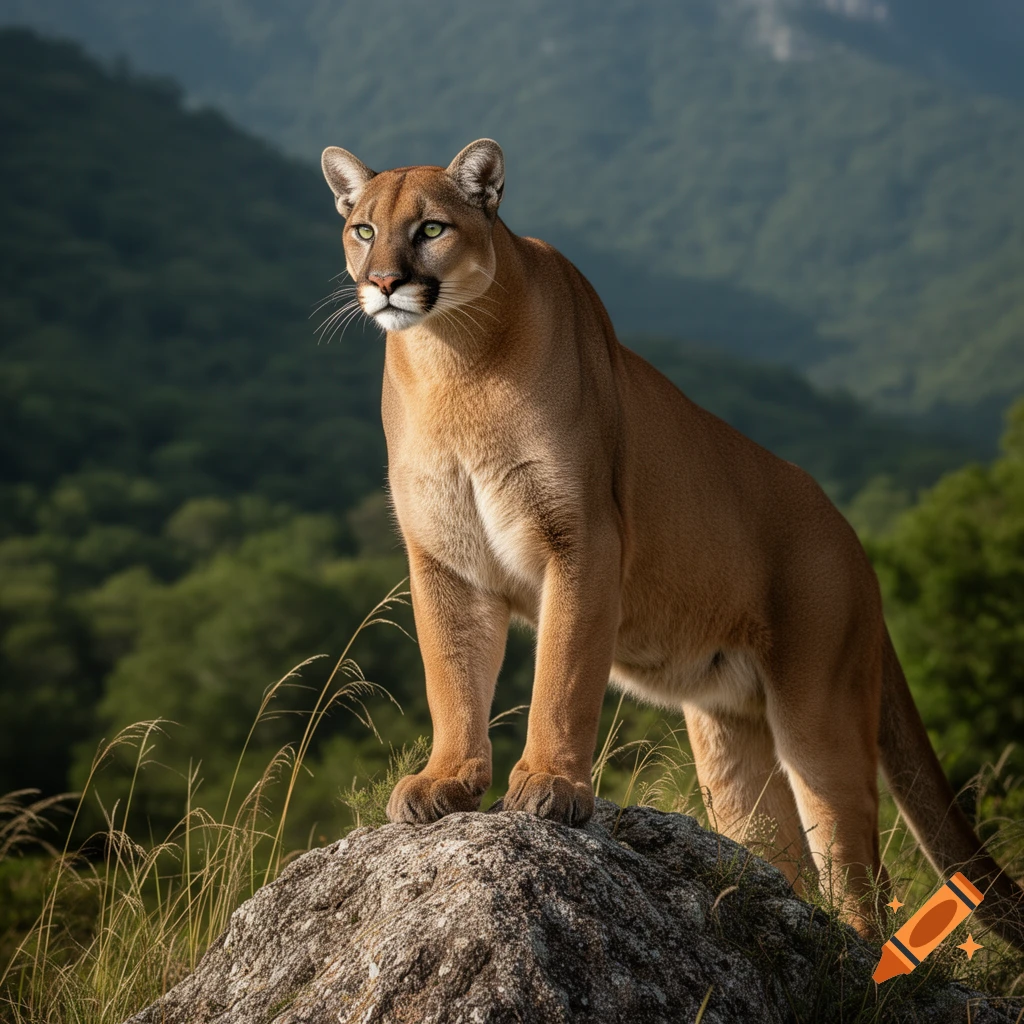A photorealistic puma with green eyes stands on a rock, looking left, with a lush green forest and mountains in the background.