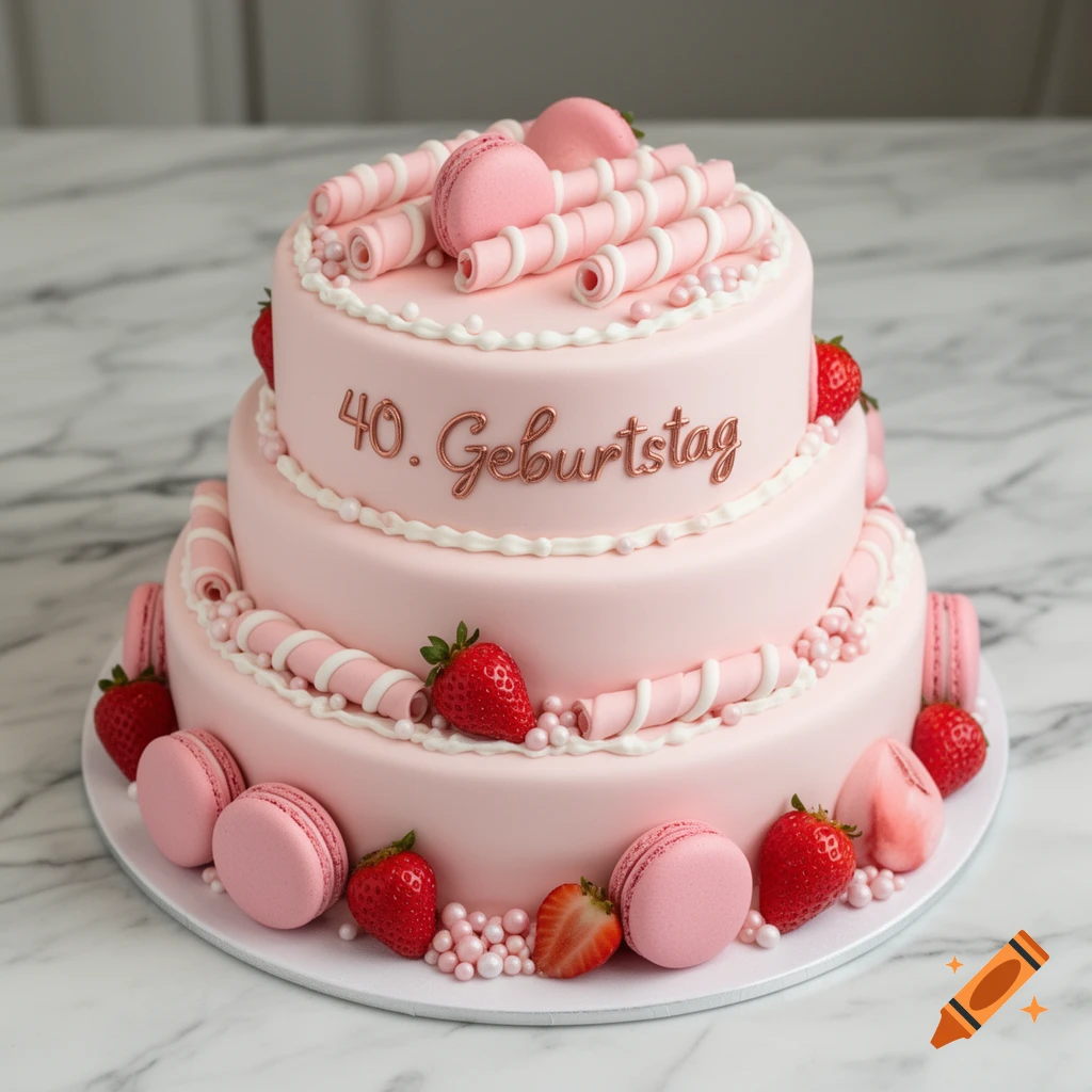 A three-tiered pink birthday cake decorated with "40. Geburtstag" in rose gold, pink macarons, fresh strawberries, wafer rolls, and sugar pearls.