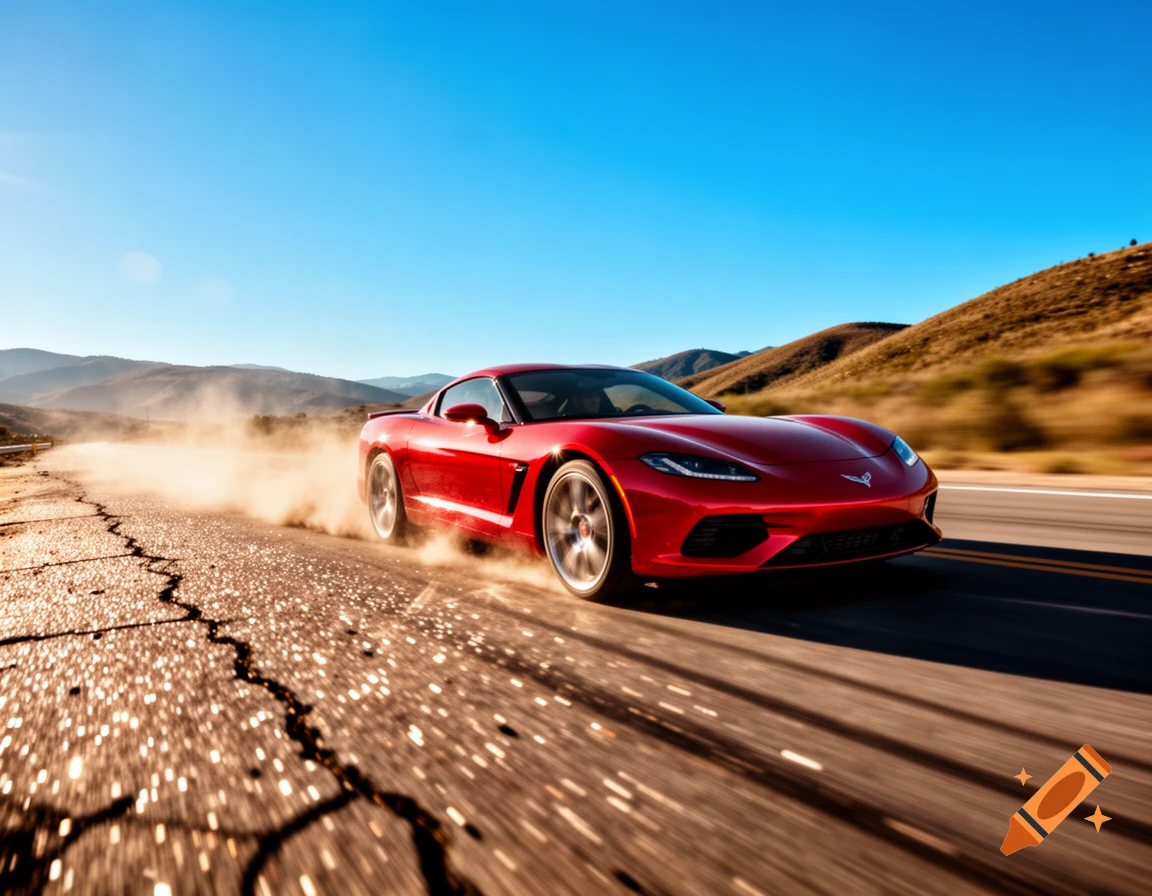 A bright red sports car speeds down a cracked, dusty desert road under a clear blue sky.