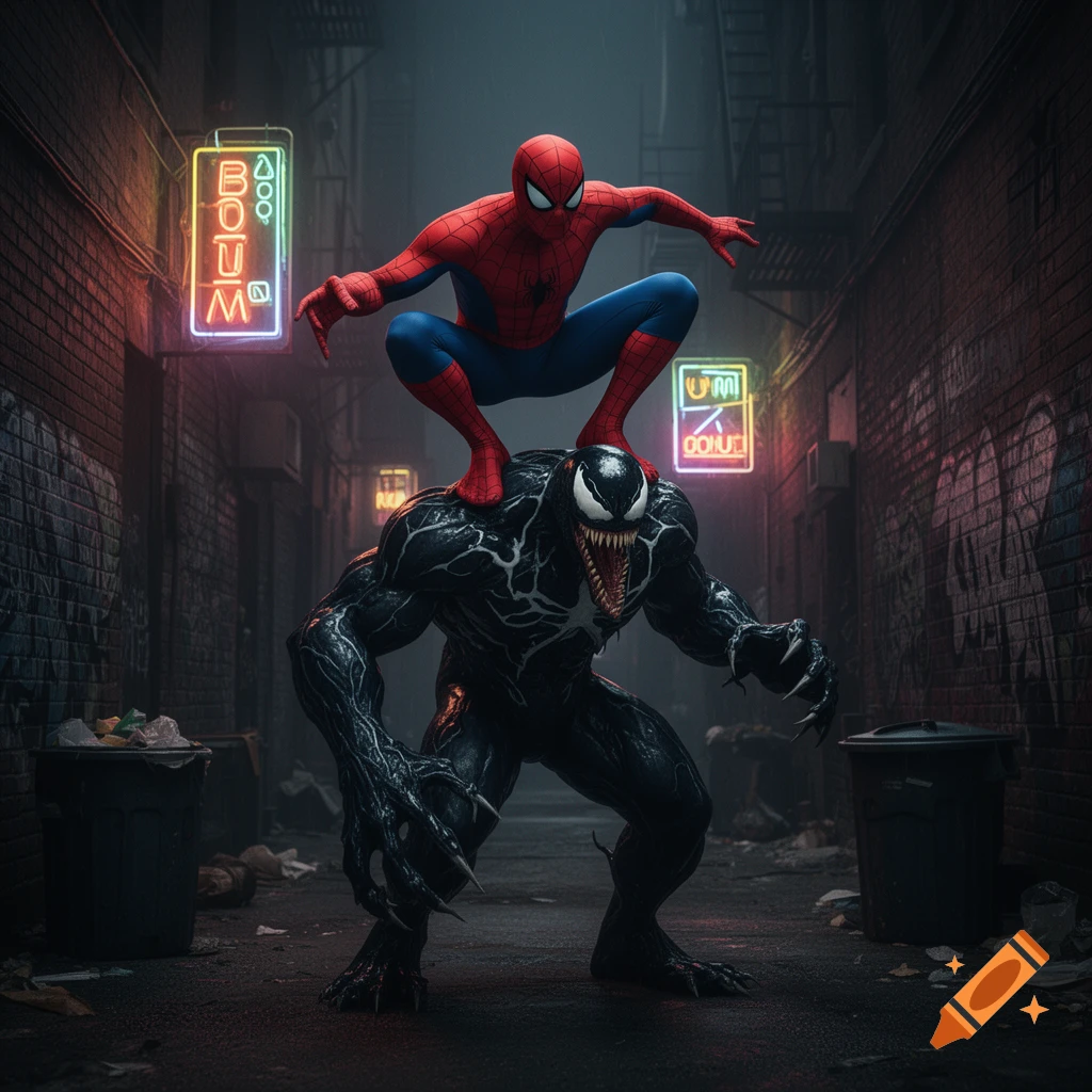 Spider-Man crouches on Venom's shoulders in a dark, grimy urban alley with glowing neon signs, photorealistic style.