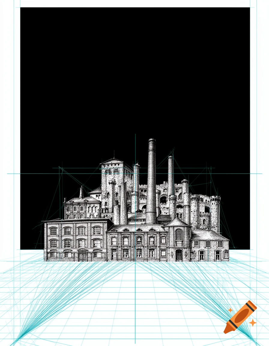 Detailed ink sketch of a historic European industrial city with factories and medieval architecture on a white grid with cyan drawing lines.