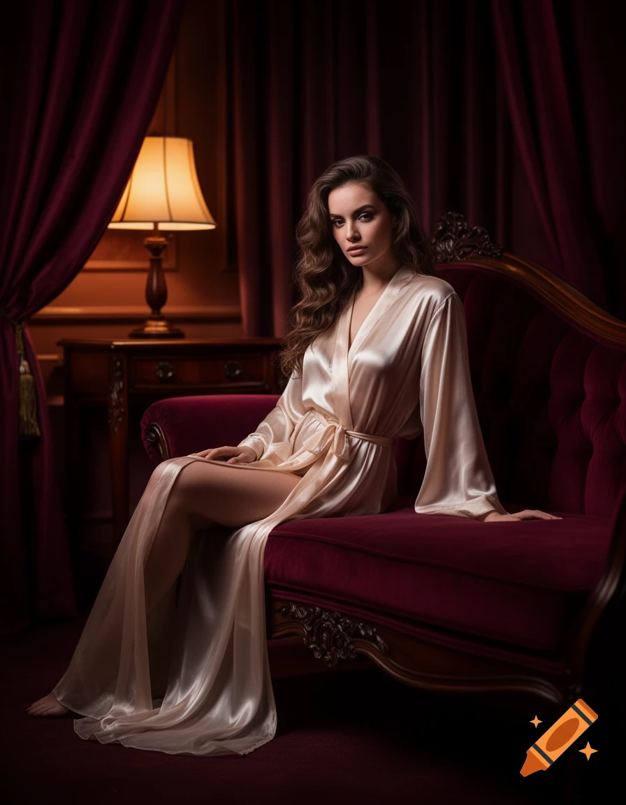 A woman with long wavy hair sits elegantly on a red velvet couch, wearing a cream silk robe in a dimly lit, luxurious room.