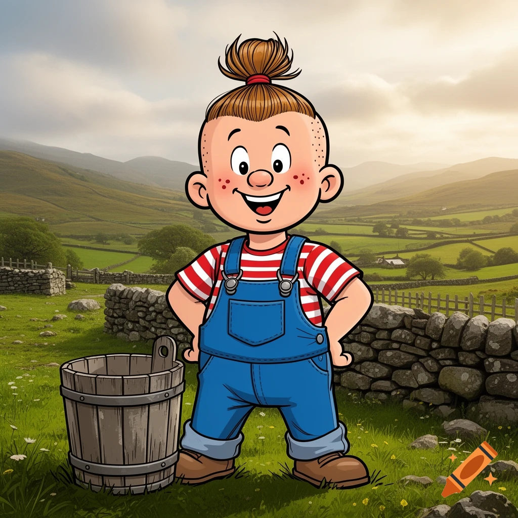 A smiling cartoon boy with a top knot, wearing a striped shirt and blue overalls, stands in a green rural landscape with stone walls and a wooden bucket.