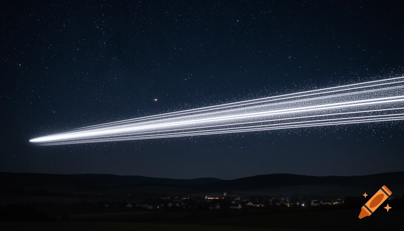 Bright meteor light trails across a dark, star-filled night sky over distant rolling hills and a tiny illuminated village, in a realistic astrophotography style.