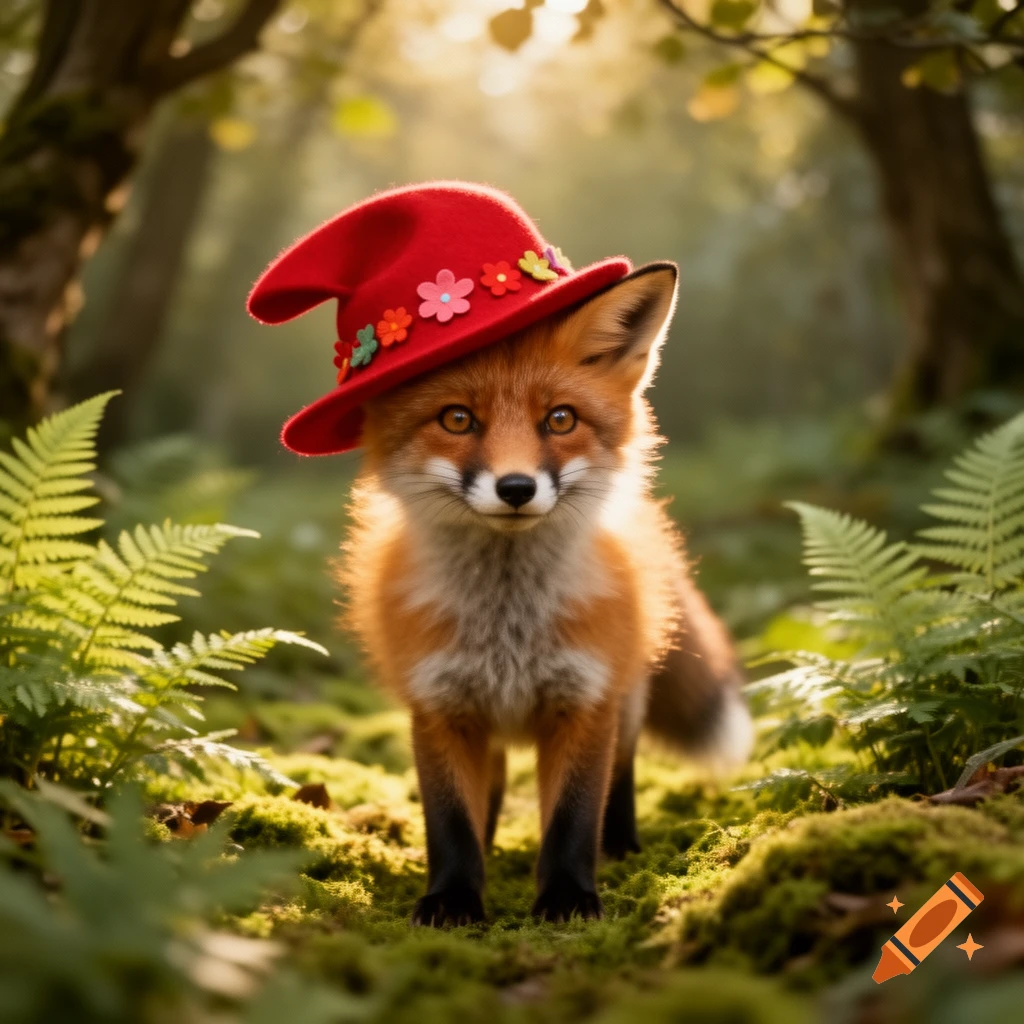 A cute fox wearing a red hat adorned with colorful flowers stands in a mossy forest bathed in sunlight, photorealistic.