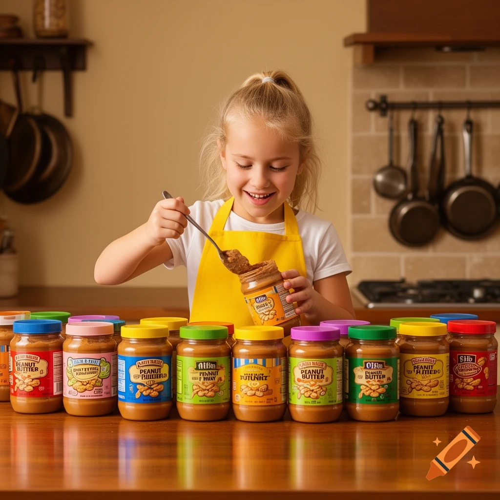 A smiling young girl in a yellow apron scoops peanut butter from a jar, surrounded by many jars of peanut butter on a kitchen counter.