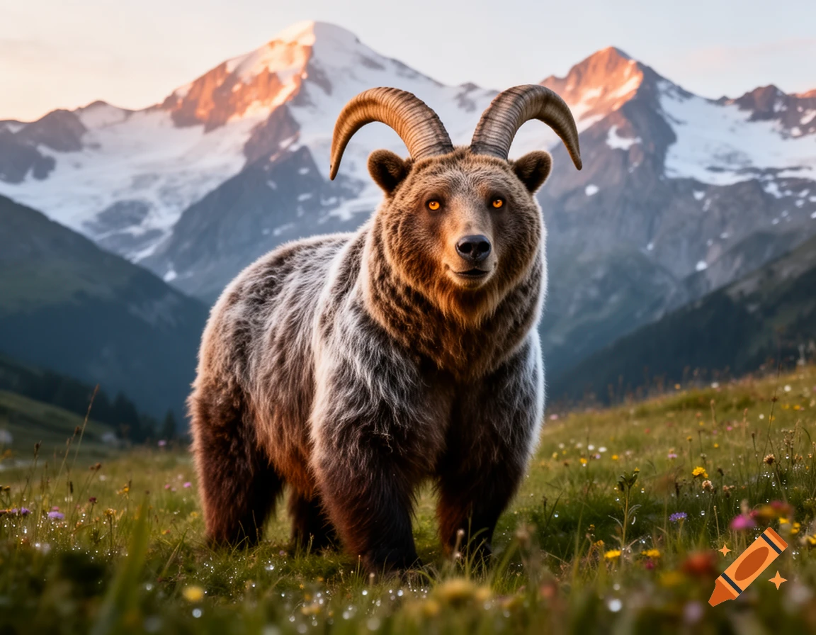 Photorealistic image of a bear-goat hybrid with glowing eyes standing in a flower-filled mountain meadow at sunset.