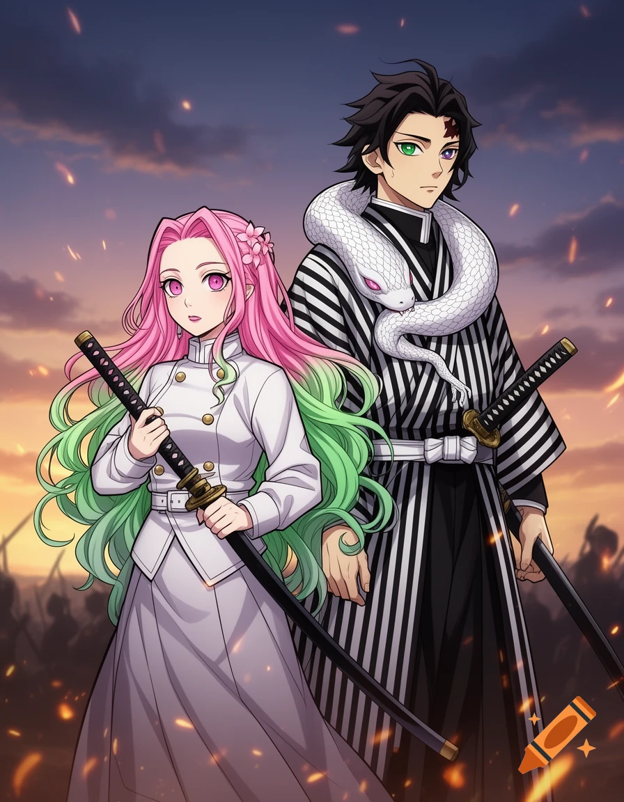 Anime illustration of a pink-haired woman and a black-haired man with a snake, both holding katanas on a fiery battlefield at sunset.