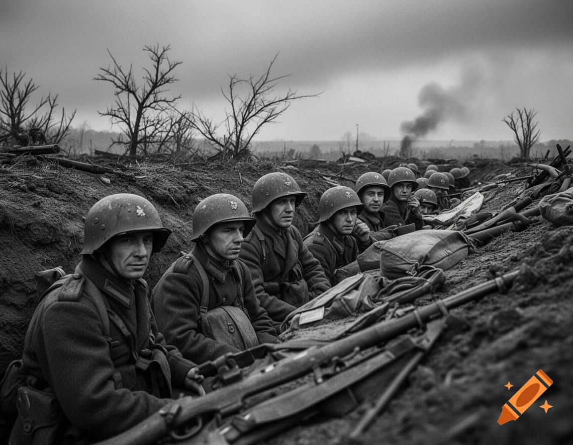 Black and white photograph of several soldiers in helmets looking out from a muddy trench, with bare trees and smoke in the distance.