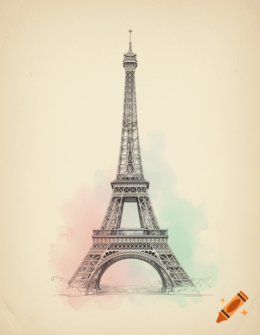 Vintage sketchbook drawing of the Eiffel Tower with pastel watercolor splashes on an old paper background.