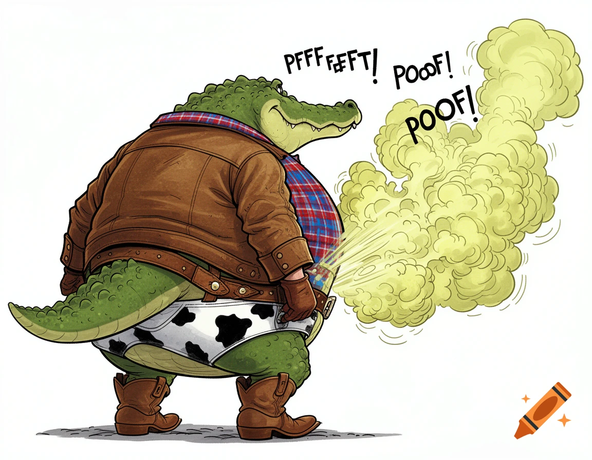 A fat cartoon crocodile from behind, wearing a leather jacket, plaid shirt, cowboy briefs, and boots, loudly farts yellowish-green fumes with onomatopoeia.