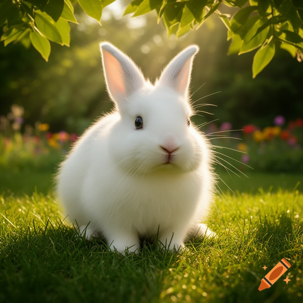 A fluffy white rabbit sits on green grass under dappled sunlight, with blurred colorful flowers in the background.