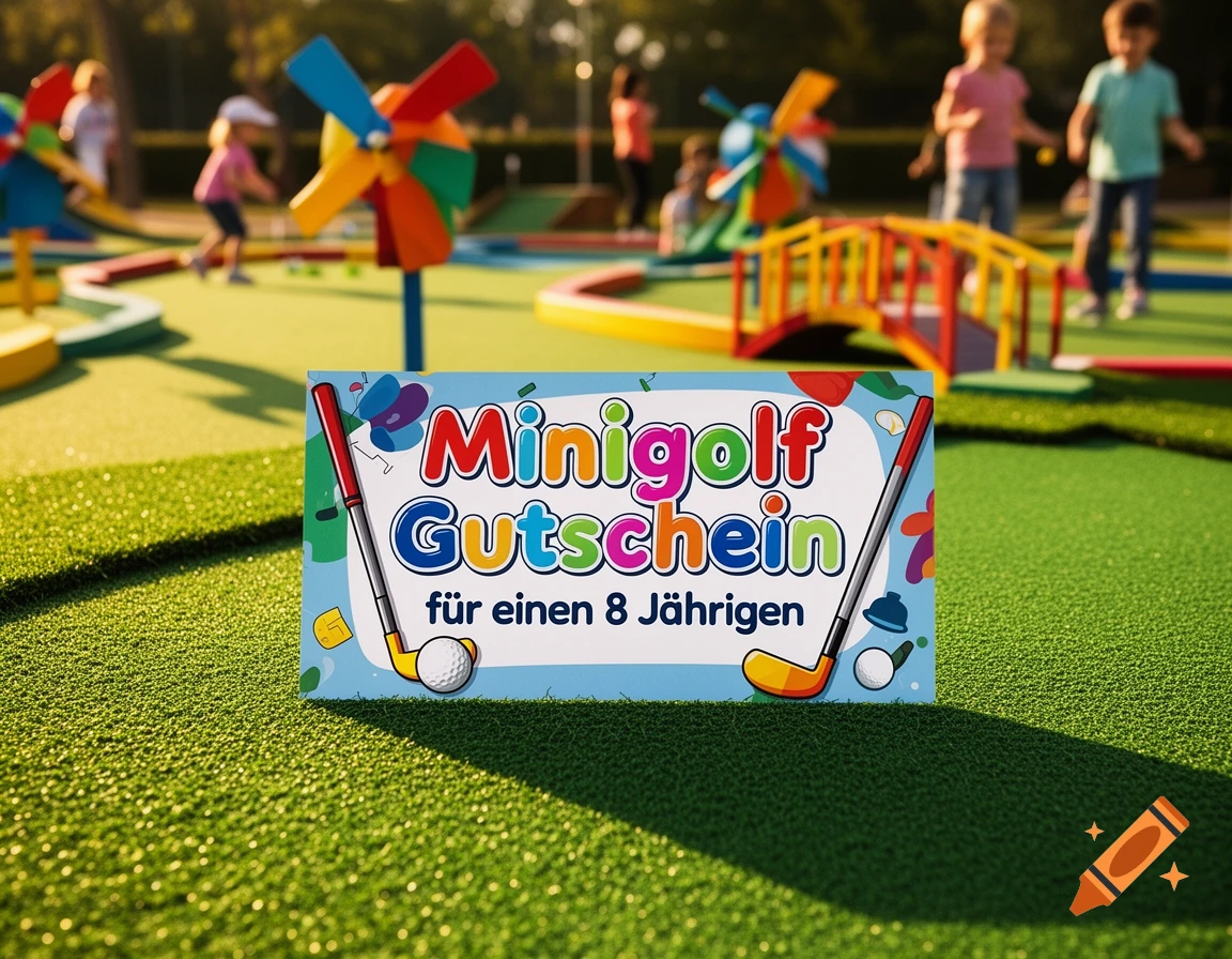 A colorful minigolf voucher on green astroturf with children playing in the background.