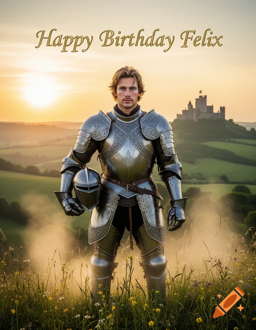 A knight in shining armor holds a helmet in a field at sunset with a castle and text 'Happy Birthday Felix'.