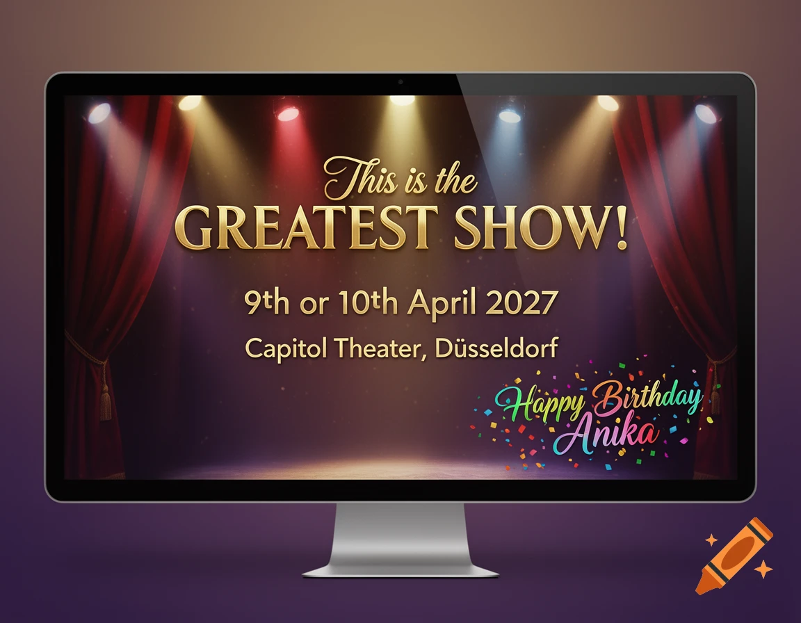 A digital poster on a computer monitor for a musical called "This is the GREATEST SHOW!". It lists the dates "9th or 10th April 2027" and venue "Capitol Theater, Düsseldorf". A colorful "Happy Birthday Anika" is also visible.
