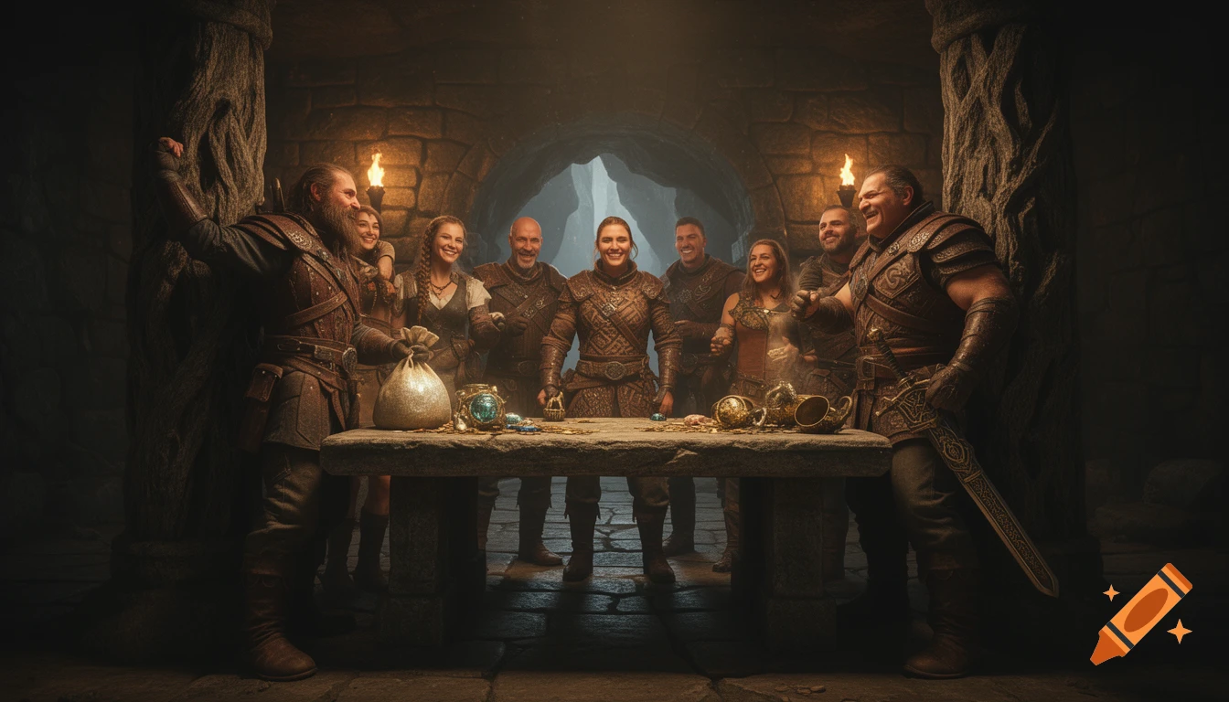 A group of happy dungeon raiders celebrate their quest success around a treasure-laden stone table in a torch-lit cavern.