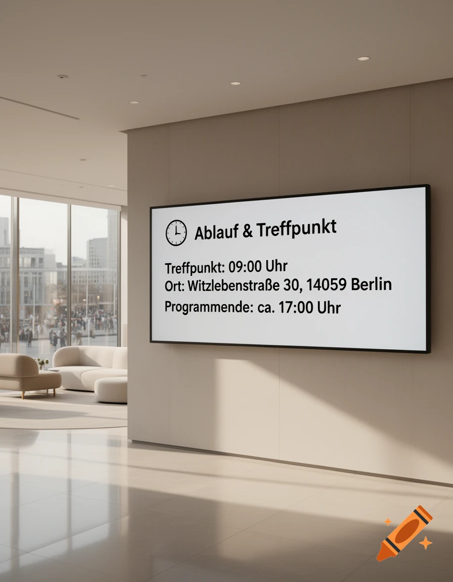 Modern minimalist lobby with white furniture, large windows, and a screen displaying a German schedule and meeting details.