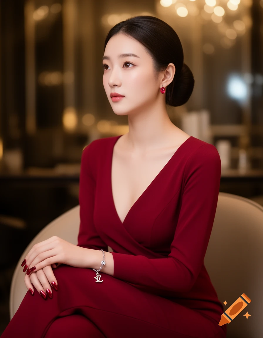 Young woman with dark hair in a bun, red nails, red V-neck dress, and silver bracelet with LV charm, looking thoughtfully to the side.