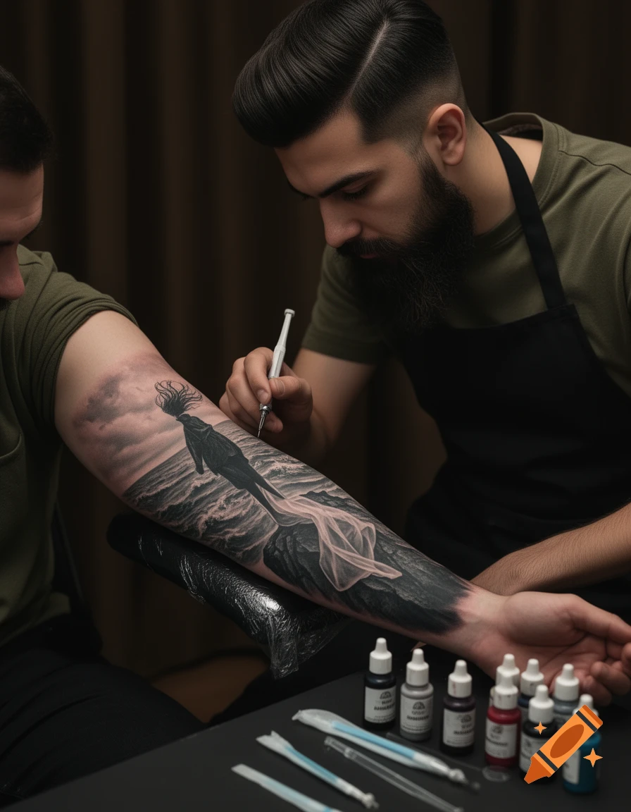 A tattoo artist carefully works on a client's arm, inking a detailed black and white tattoo of a figure in a stormy sea, with bottles of ink on the table.