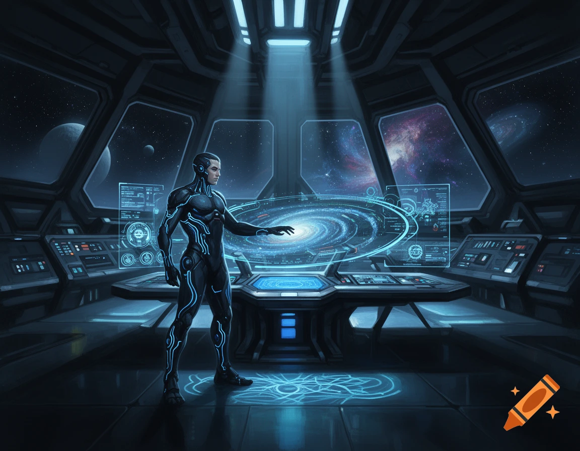 A man in a black and blue glowing sci-fi suit interacts with a holographic galaxy display in a futuristic spaceship cockpit looking out into space.