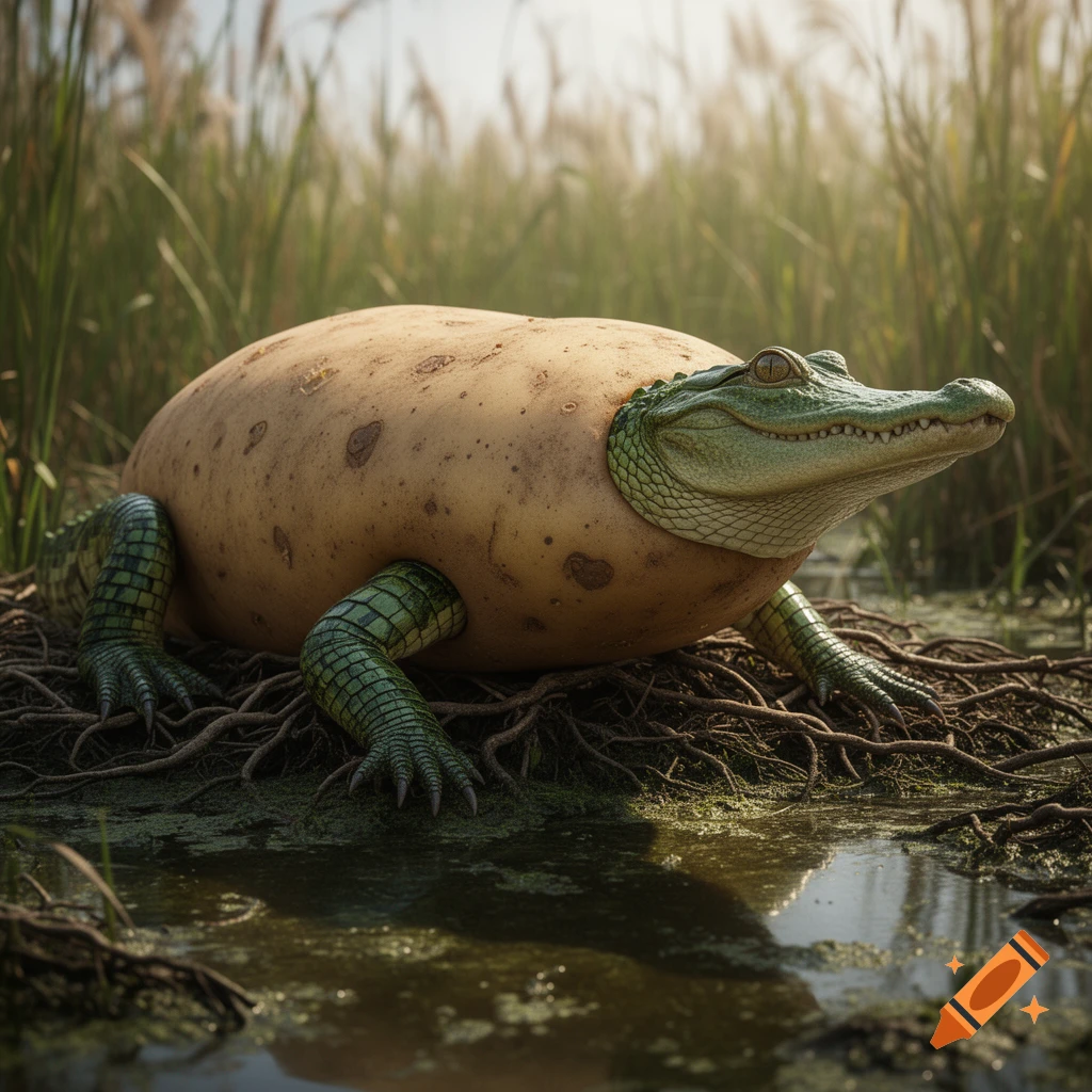A photorealistic potato alligator with a green head and legs, resting on roots by a swamp.