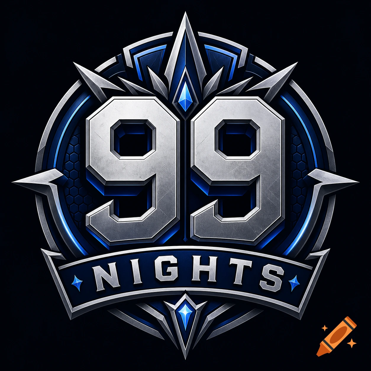 Metallic game emblem with numbers '99' and text 'NIGHTS' in silver and blue, against a black background.