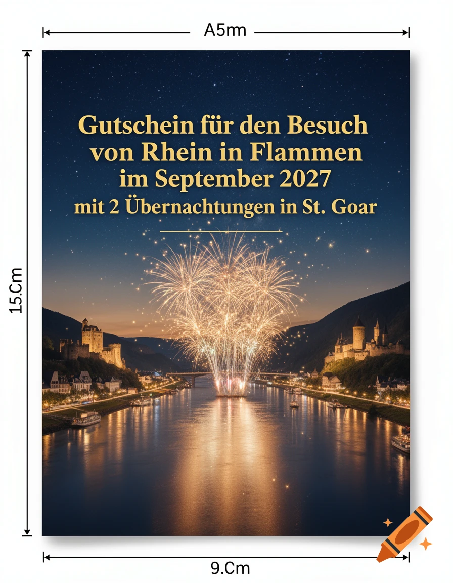 Night scene of a river between castles, with fireworks exploding over the water and German voucher text at the top.