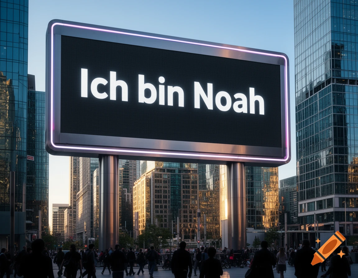 A large digital billboard in a photorealistic city setting displays 'Ich bin Noah' above a street with pedestrians and modern buildings.