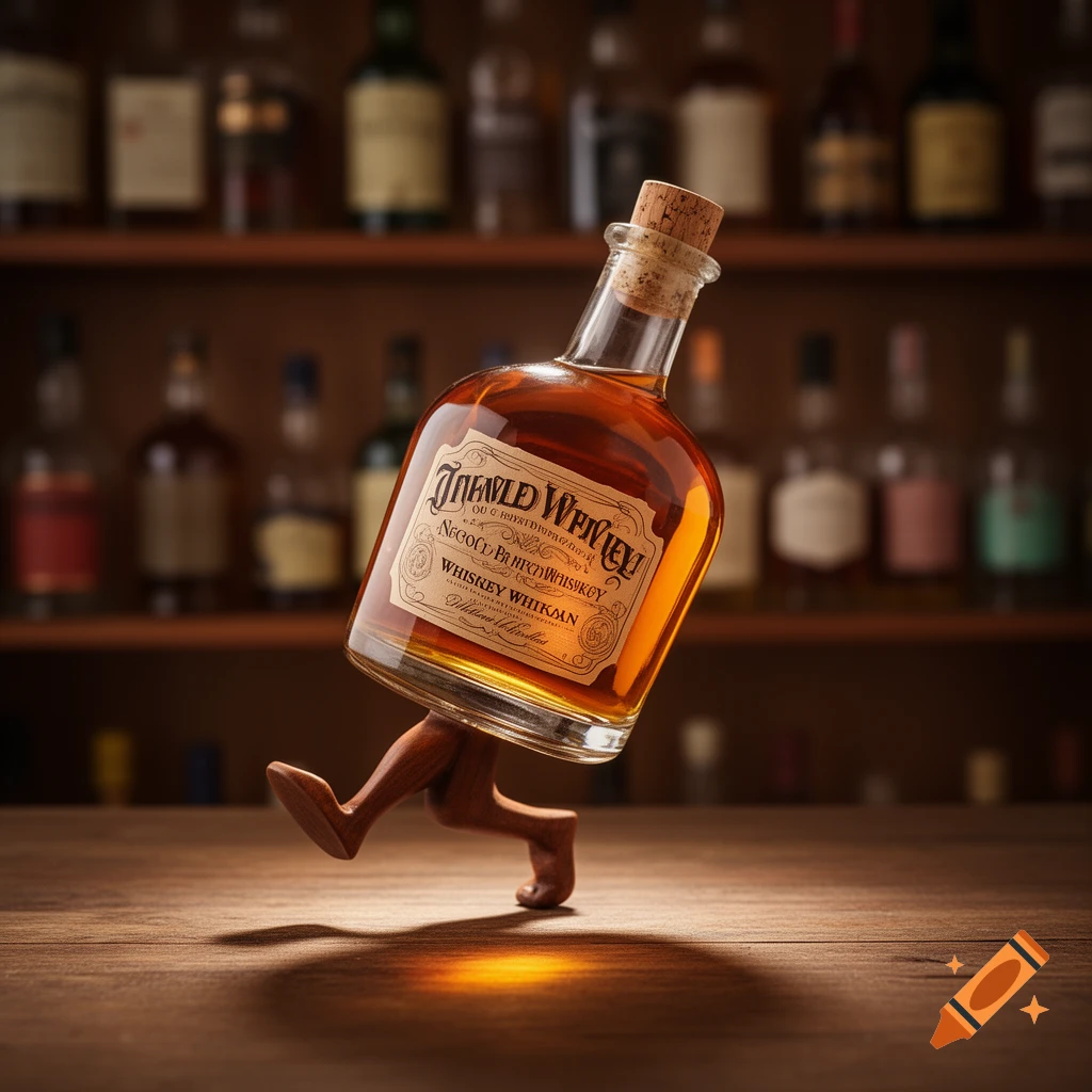 A whimsical, photorealistic image of a whiskey bottle with small wooden legs, appearing to hop across a wooden bar counter. Bottles line shelves in the blurred background.