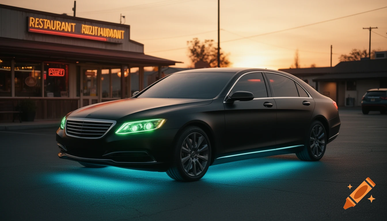 Matte black sedan with neon green headlights and blue underglow, parked at sunset outside a restaurant with neon signs.