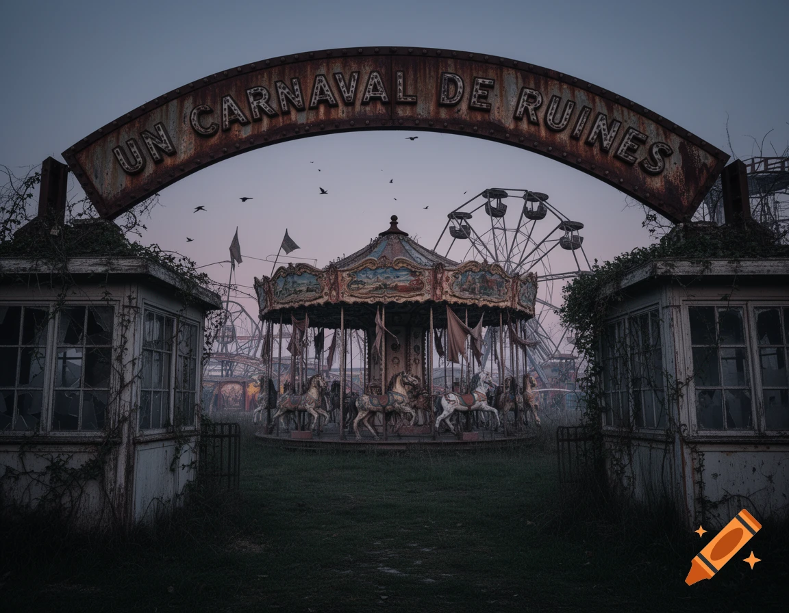 A dark, atmospheric photo of an abandoned carnival entrance with a rusty archway sign, a decaying carousel, and a Ferris wheel.